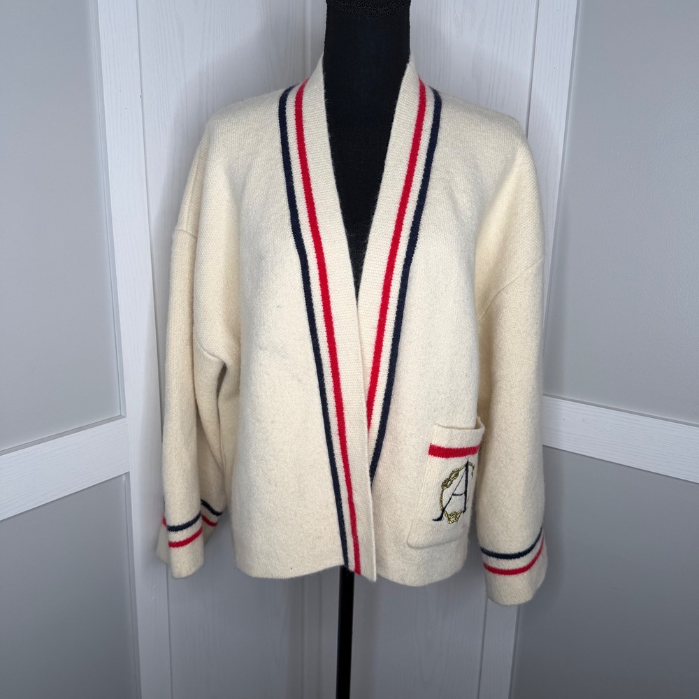 Alexia Admor Cardigan Sweater Womens Medium Cream Varsity Stripe Crest T637